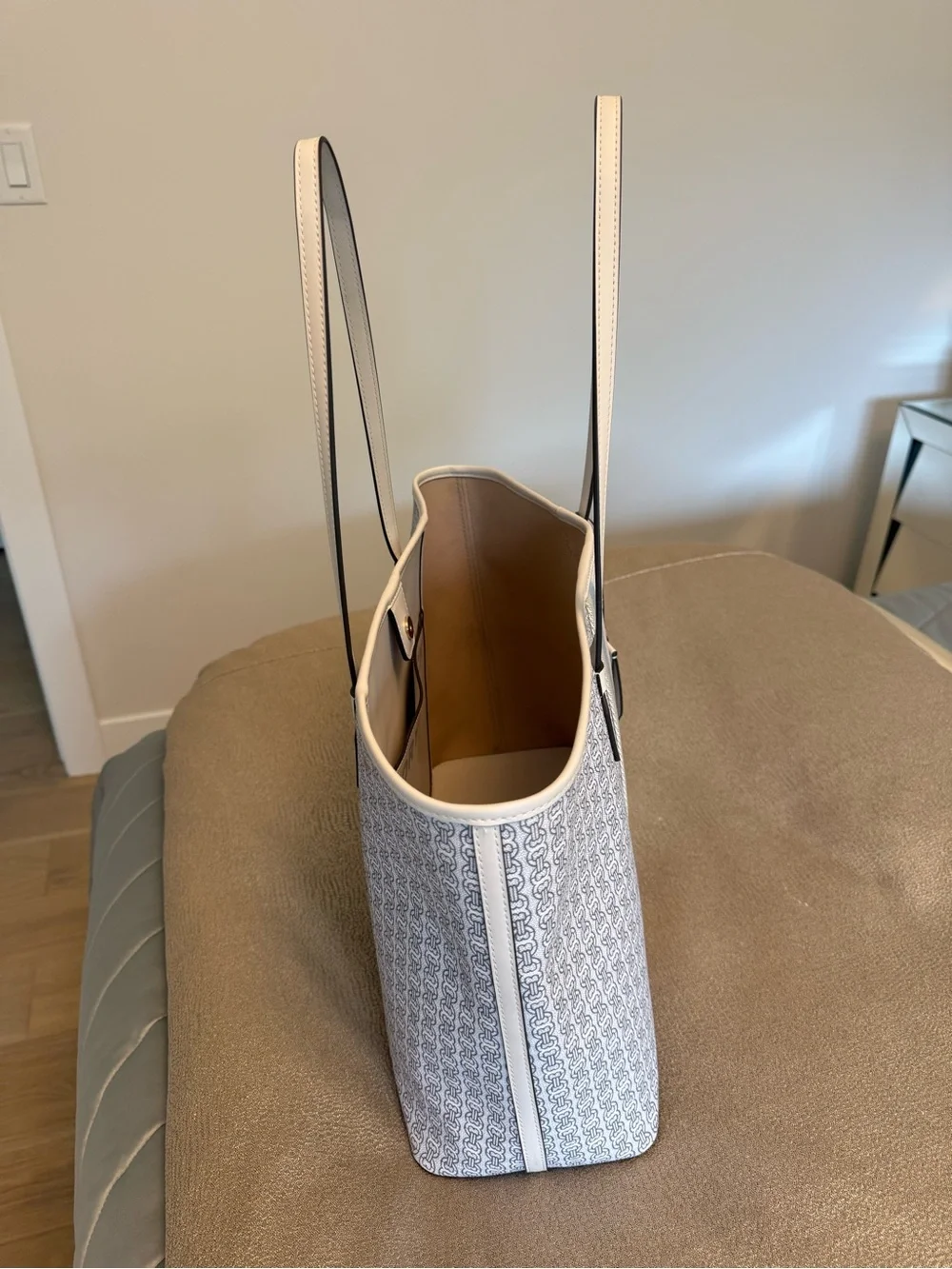 Tory Burch Cream Tote with Light Blue Center Stripe and Logo Print